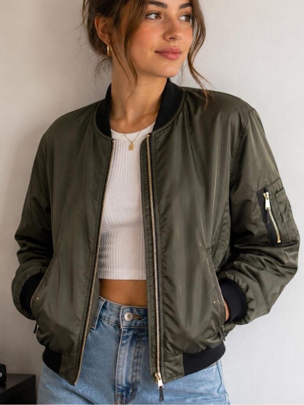 Zara Flight Bomber Jacket in Khaki Green Size L
